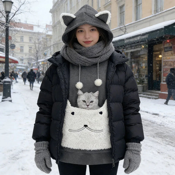 Warm Thick Fleece Unisex Hoodie Winter Breathable Streetwear Pullover With Pet Carrier Pocket For Small Dog Cat Men Women